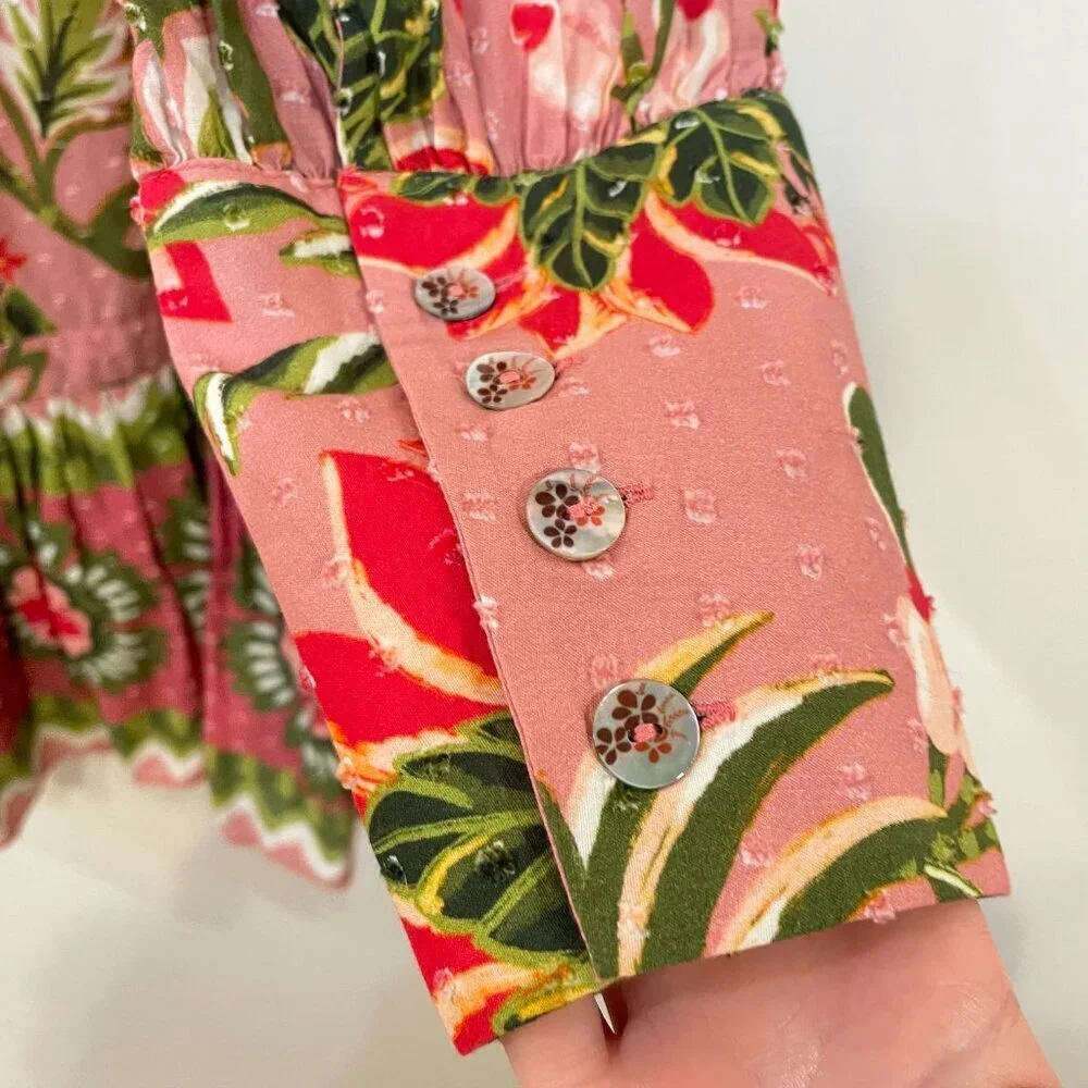 New Farm Rio Aura 100% Cotton Floral Peasant Mini Dress Pink Small - Picture 5 of 9